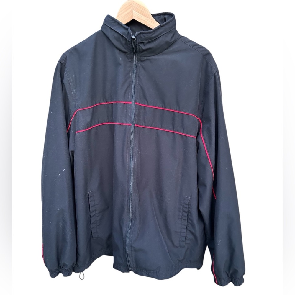 Tek Gear Rain Jacket Sz. Large Black Red Stripes Hooded